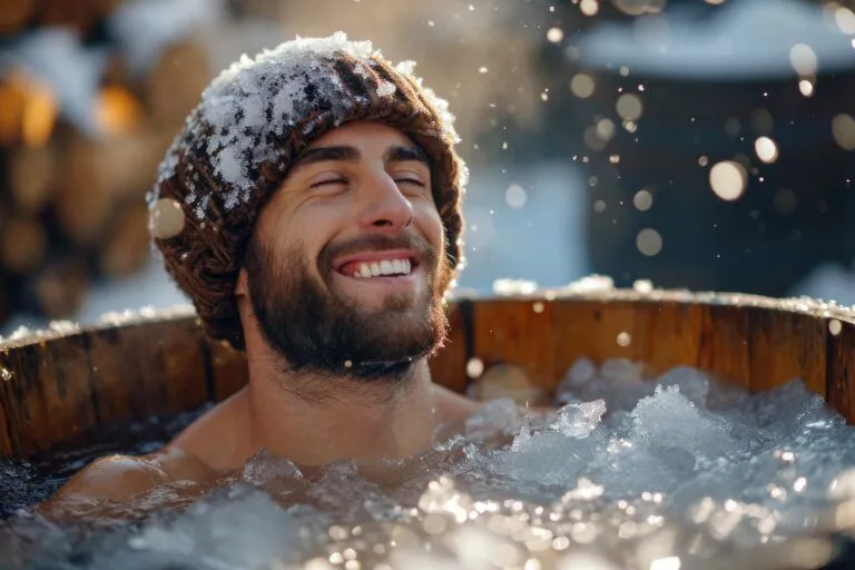A man smiles while sitting in a cold plunge pool